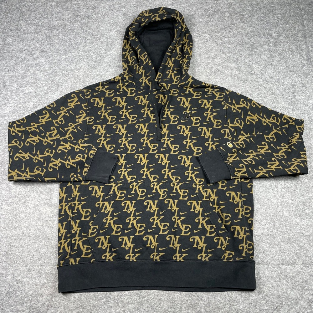 Nike Hoodie Mens L Black Gold AOP All Over Print Pullover Fleece FZ2230-010